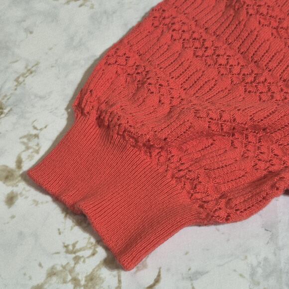 Loft Eyelit Ruffle Collar Blouse Women Large Coral S/S Sweater Open Knit VNeck - Picture 3 of 7